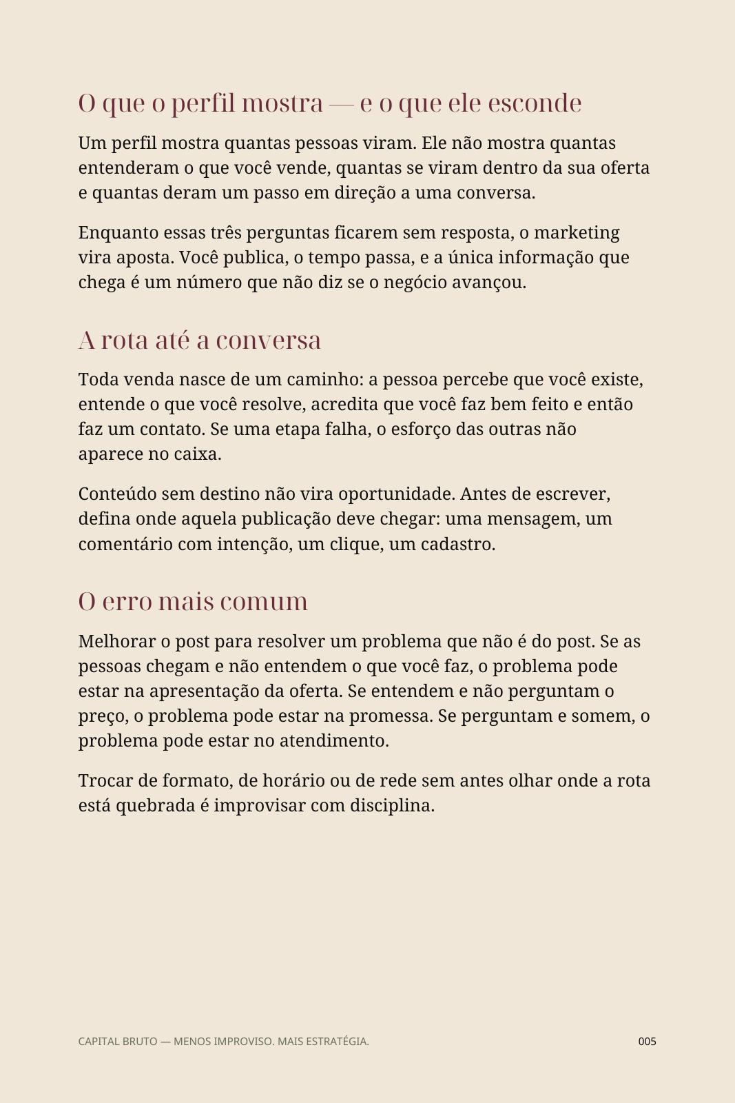 Página 5: O que o perfil mostra — e o que ele esconde. Conteúdo sobre o caminho da visibilidade à conversa comercial.