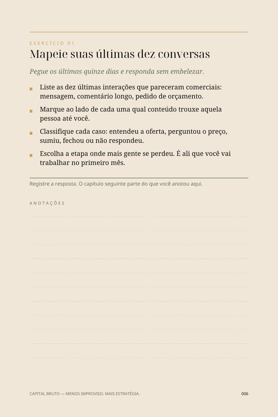 Página 6: Mapeie suas últimas dez conversas. Exercício com quatro etapas e espaço para anotações.